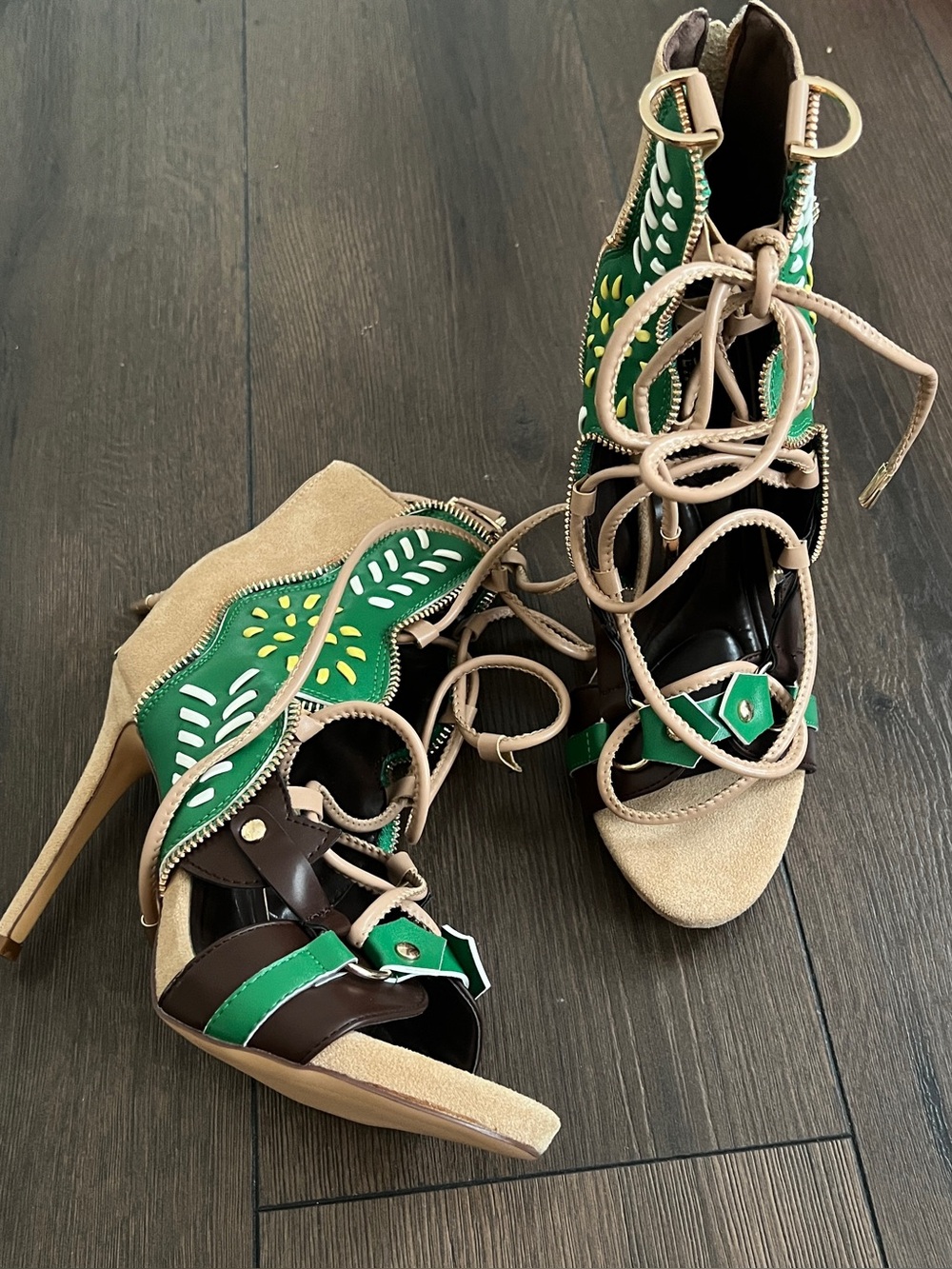 AKIRA Green, Tan & Brown Lace-Up High Heel Sandals
